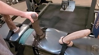 Sissy SaddleStrap squats with three big Mr Hankeys toys
